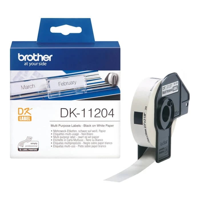 ملصقات Brother DK-11204 الأصلية مقاس 17 مم × 54 مم باللون الأسود على الأبيض من طراز P-Touch x400