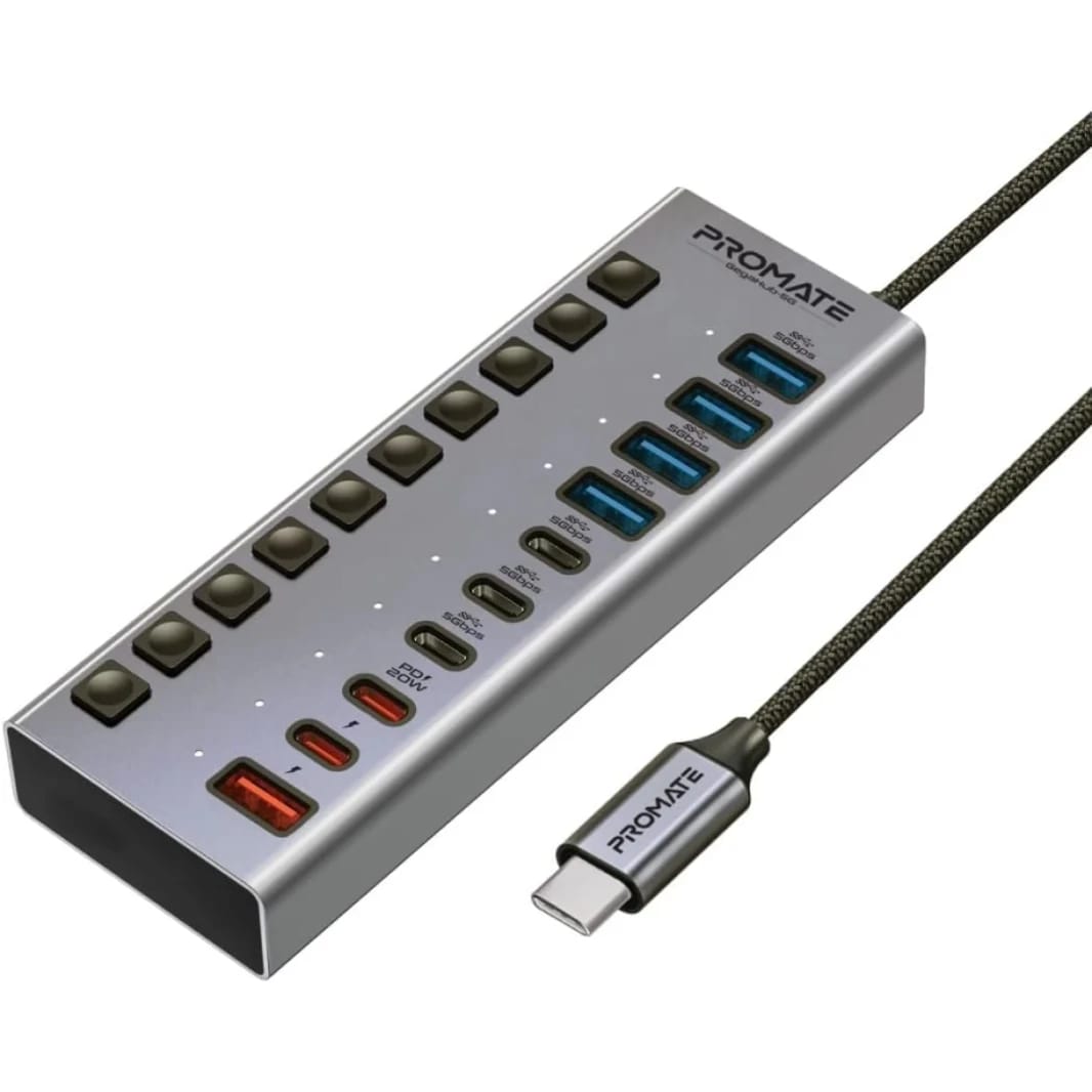 PROMATE GEGAHUB-5G 10 in 1 USB-C Multiport HUB ، 3 منافذ USB-C و 4 USB-A مع نقل بيانات 5 جيجابت في الثانية ، وشحن سريع لشحن USB-C ومنافذ USB-A ، ومنفذ 20W USB-C PD مع مفاتيح طاقة فردية وتوصيلات وملابس.