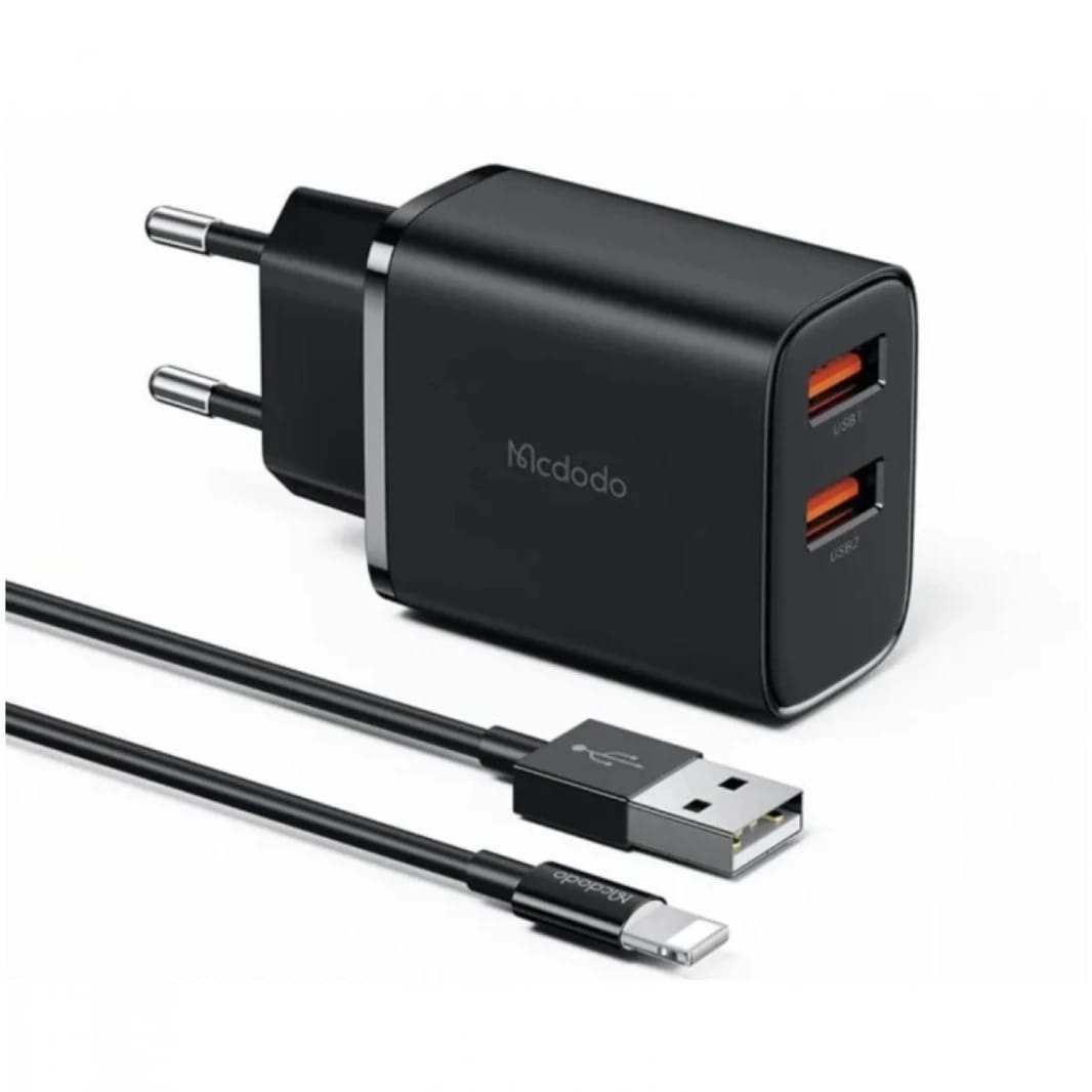 شاحن جداري سريع من ماكدودو CH-5071 بمنفذين USB-A بقوة 12 واط + كابل USB-A إلى لايتنينج - (أسود) - ضمان 18 شهرًا