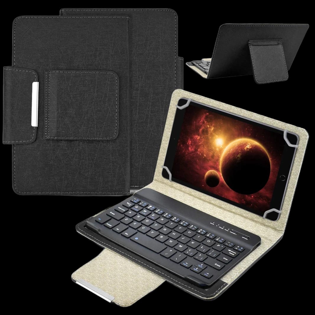 Android Tablet Case 10 inch with Removable Wireless Bluetooth Keyboard + PU Leather Folio Book Cover + Stand