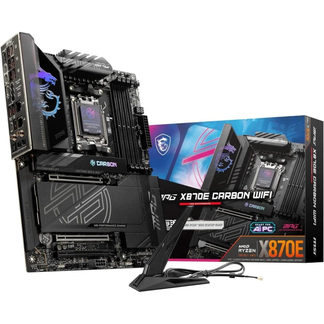 MSI MPG X870E Carbon Wi-Fi AM5 ATX AMD X870E Chipset DDR5 4x M.2 Slots, 3x PCI-E x16 Slots, Wi-Fi 7 & BT5.4 Connectivty, Black