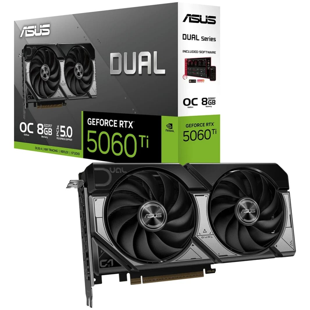 ASUS Dual GeForce RTX 5060 Ti 8GB GDDR7 OC Edition 128-Bit Memory, 2602 MHz Boost Clock, 28 Gbps Memory Speed, 4608 CUDA Cores