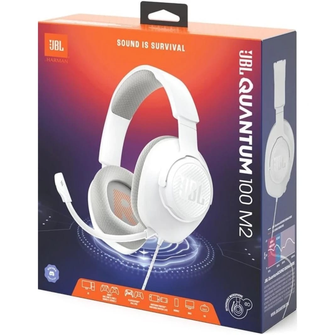 JBL Quantum 100M2 Wired Gaming Headphones, 40mm Dynamic Drivers, Detachable Boom, Directional Microphone Pick-Up Pattern, Fabric-Covered Memory Foam Ear Cushions, 1.2m Cable, White