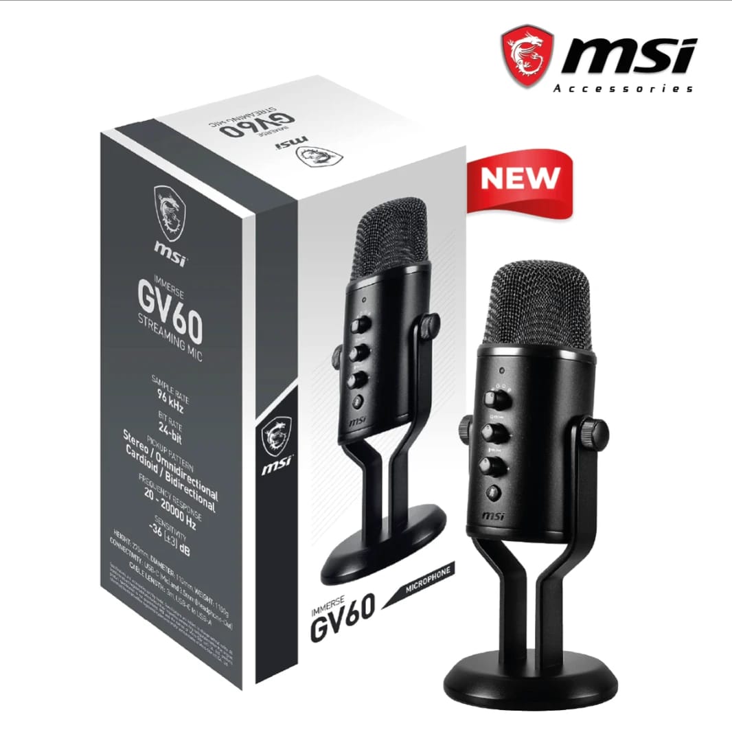 MSI IMMERSE GV60 Streaming Professional MIC USB Type-C Interface & 3.5mm Aux, with Intuitive Control in  4 Modes Stereo, Omnidirectional, Cardioid and Bidirectional