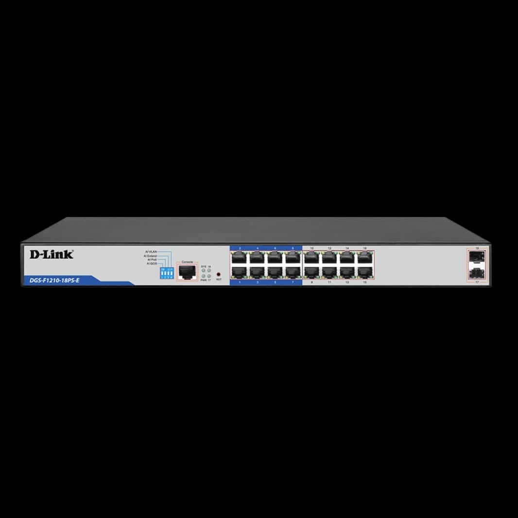 سويتش مراقبة D-Link F1210-18PS-E بـ 18 منفذًا، جيجابت، مُدار، طويل المدى مع PoE+ (الطبقة الثانية)