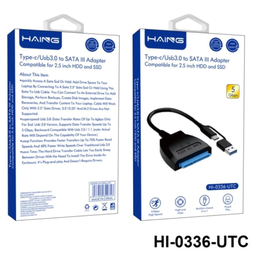 محول HAING HI-0336-UTC USB3.0/Type-C إلى SATA III للأقراص الصلبة SSD/HDD مقاس 2.5 بوصة