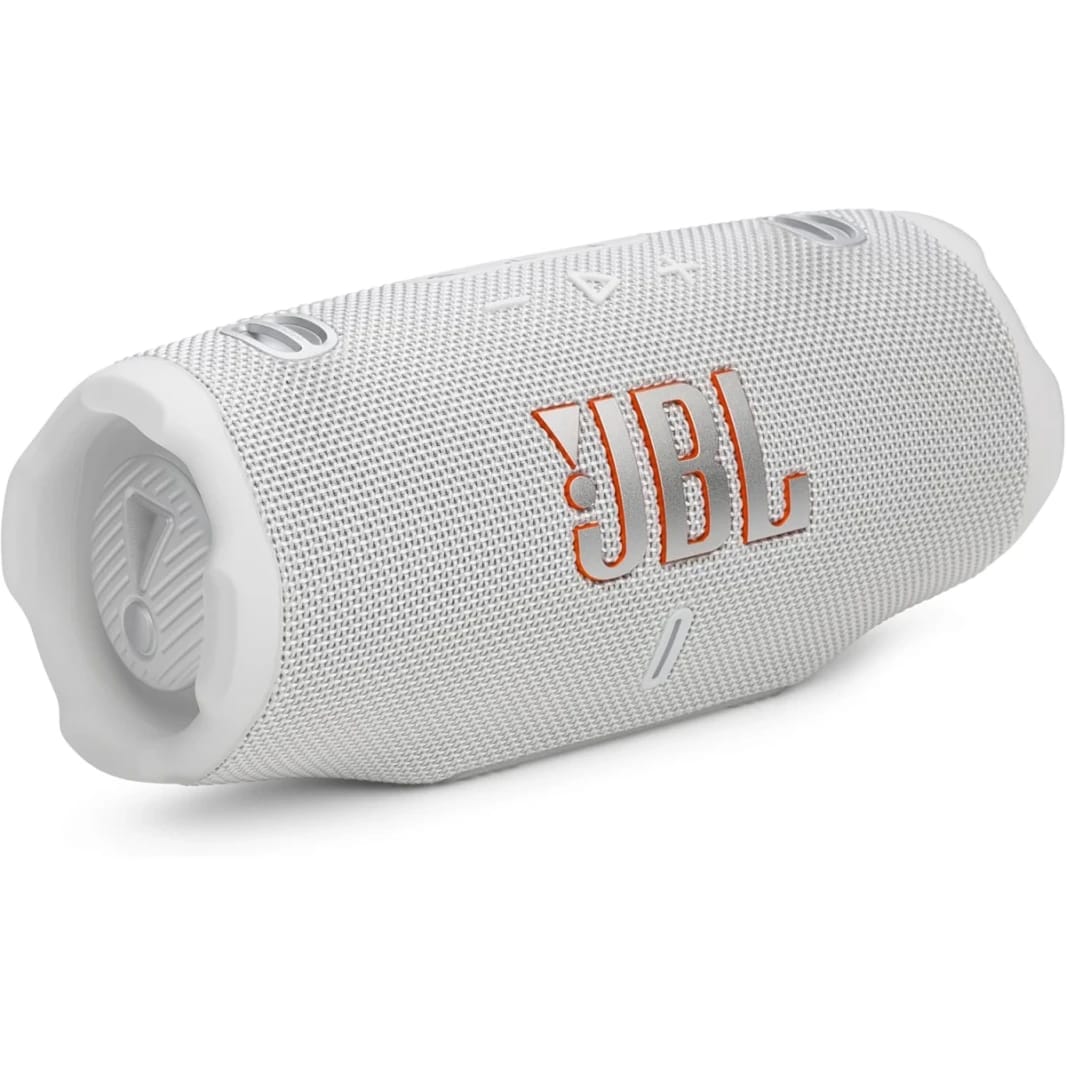 سماعة بلوتوث JBL Charge 6 المحمولة والمقاومة للماء والصدمات، صوت Pro جريء، تشغيل 28 ساعة، باور بانك مدمج، حزام حمل - أبيض