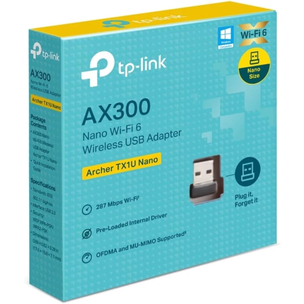 محول USB لاسلكي نانو TP-Link Archer TX1U بتقنية واي فاي 6 AX300، بهوائي مدمج، أسود