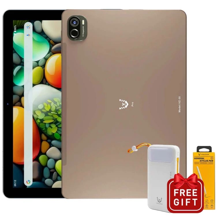 تابلت فيكوشا VZ-30 برو "معالج ثماني النواة، 4 جيجابايت رام، 64 جيجابايت تخزين، شاشة 10.1 بوصة HD، شبكة 4G LTE" - لون ذهبي مع باور بانك P100 وقلم فيكوشا العالمي