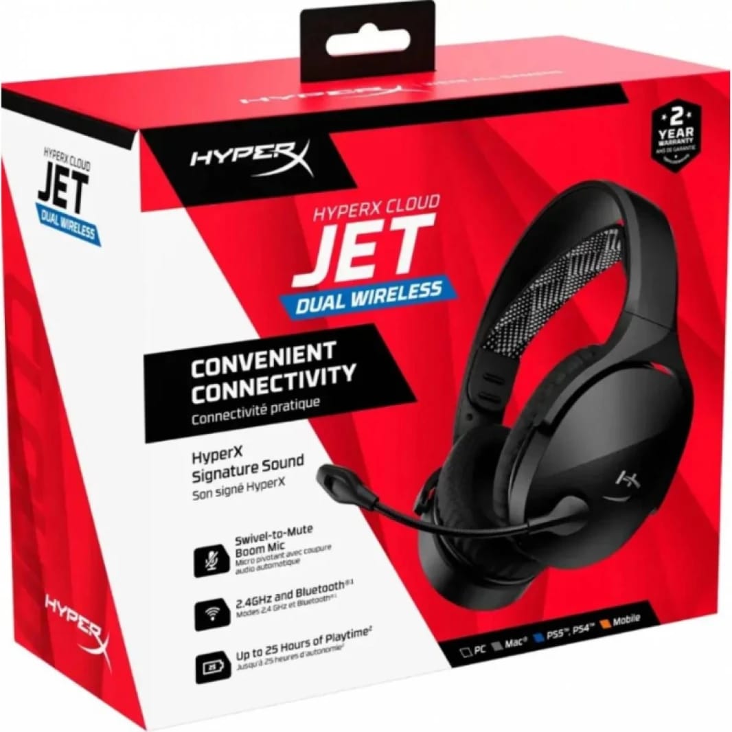 سماعة الألعاب اللاسلكية HyperX Cloud Jet - اتصال لاسلكي مزدوج وبلوتوث، صوت HyperX المميز، ميكروفون دوار لكتم الصوت، عمر بطارية يصل إلى 25 ساعة، تحكمات صوتية سهلة الاستخدام، أسود