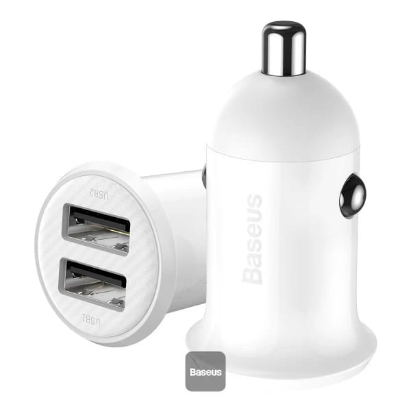 شاحن سيارة بيسوس جرين برو (منفذ USB مزدوج 4.8 أمبير) أبيض