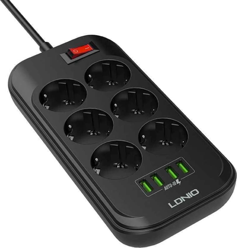 وصلة كهرباء LDNIO 6402 بـ 6 مداخل و 4 منافذ USB