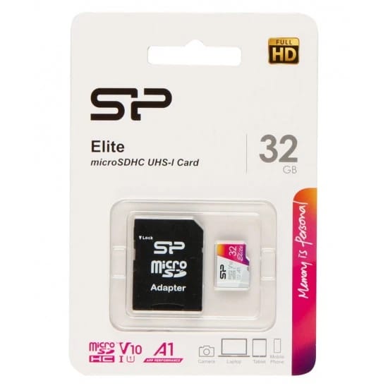بطاقة ذاكرة سيليكون باور Elite microSDXC UHS-I سعة 32 جيجابايت مع محول - فئة 10, U1, V10, A1، فيديو Full HD - سرعة قراءة تصل إلى 100 ميجابايت/ثانية