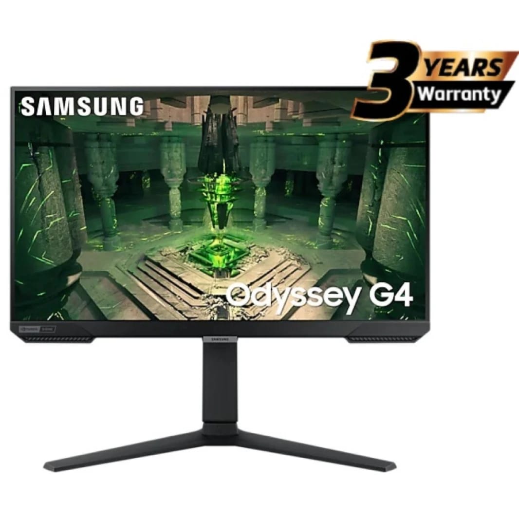 شاشة سامسونج Odyssey G4 المسطحة مقاس 27 بوصة، FHD، لوحة IPS، 240 هرتز، 1 مللي ثانية (GTG)، HDR10، 99% sRGB، متوافقة مع G-Sync، عرض ألعاب فائق الاتساع، مع حامل مريح
