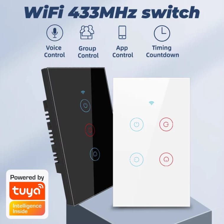 مفتاح إضاءة جداري ذكي بلوحة زجاجية، يدعم RF433 وWi-Fi، تحكم عن بعد عبر تطبيق Tuya Smart Life، متوافق مع أليكسا وجوجل هوم، 4 أزرار، لون أبيض