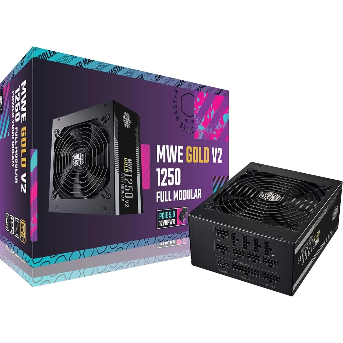مزود طاقة MWE Gold 1250 V2 ATX3.0 من كولر ماستر، نمطي بالكامل، 1250 واط، شهادة 80+ الذهبية، مروحة FDB هادئة 140 مم، 2 موصل EPS، مقاوم للحرارة العالية