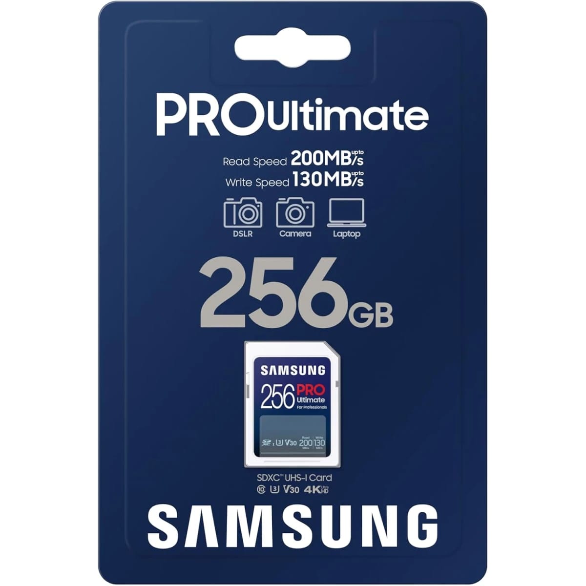 بطاقة ذاكرة سامسونج PRO Ultimate بالحجم الكامل SDXC سعة 256 جيجابايت، سرعة تصل إلى 200 ميجابايت/ثانية، 4K UHD، لكاميرات DSLR والكاميرات بدون مرآة