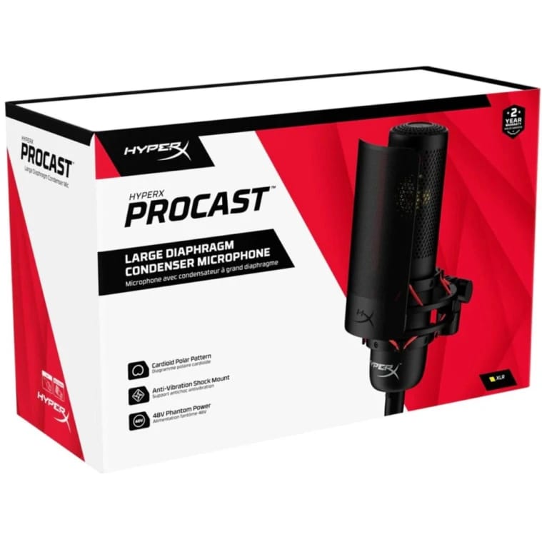 ميكروفون HP HyperX ProCast المكثف ذو الغشاء الكبير المطلي بالذهب مع حامل مضاد للاهتزاز