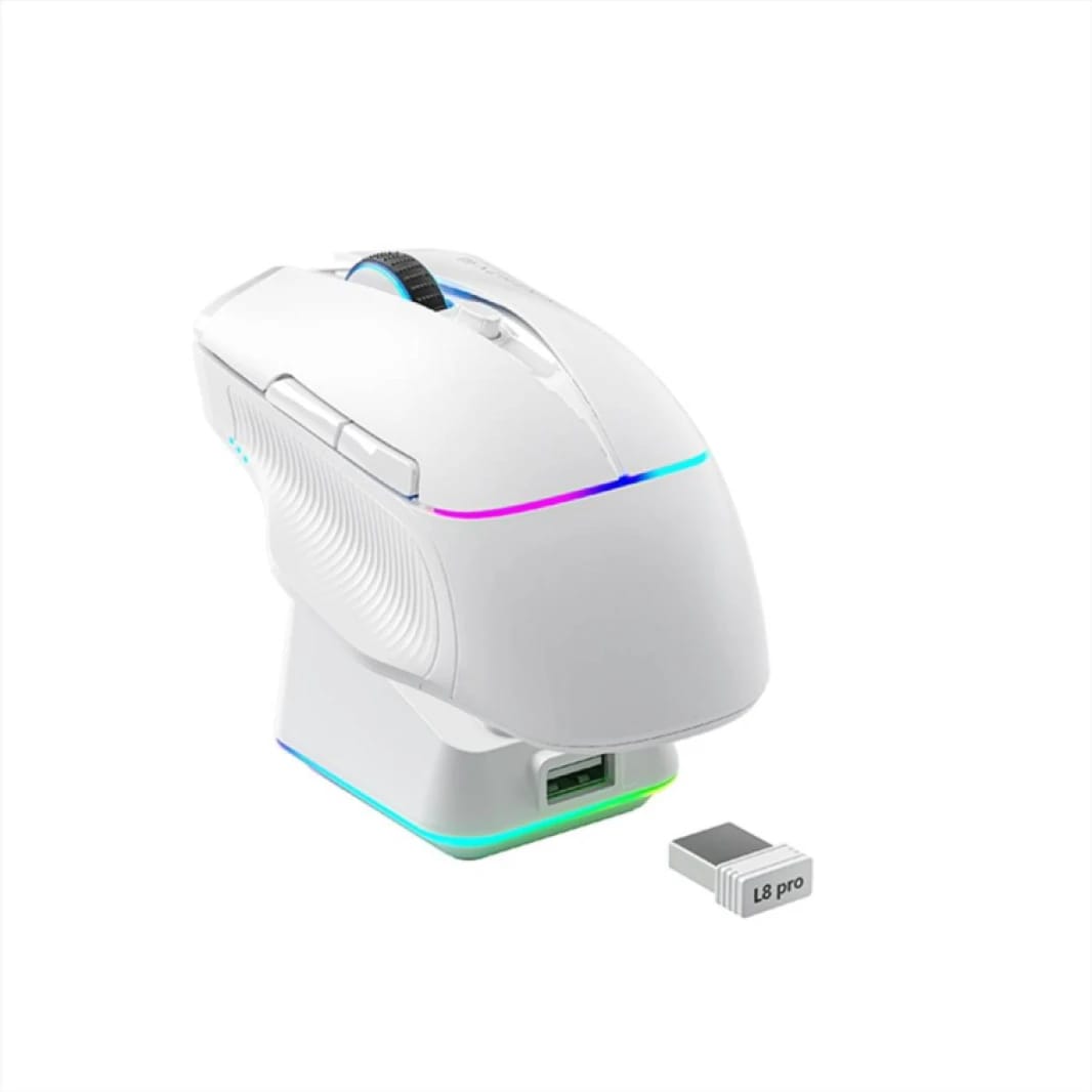 ماوس ألعاب لاسلكي ماشينيك 8KHz مع قاعدة شحن RGB، مستشعر PAW3395 بدقة 26,000 DPI، إضاءة خلفية RGB، 6 أزرار قابلة للبرمجة، عمر بطارية طويل، متوافق مع أجهزة الكمبيوتر وماك - أبيض