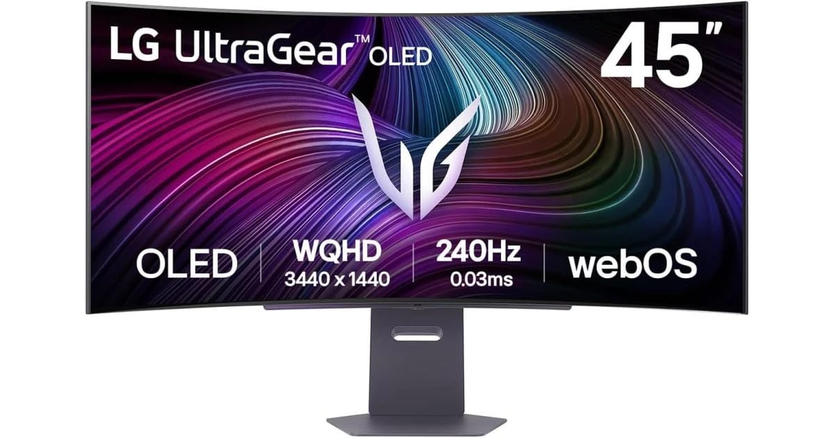 شاشة ألعاب منحنية إل جي 45GX90SA-B UltraGear™ OLED WQHD بحجم 45 بوصة - 240 هرتز، 0.03 مللي ثانية، متوافقة مع G-SYNC، FreeSync Premium، webOS