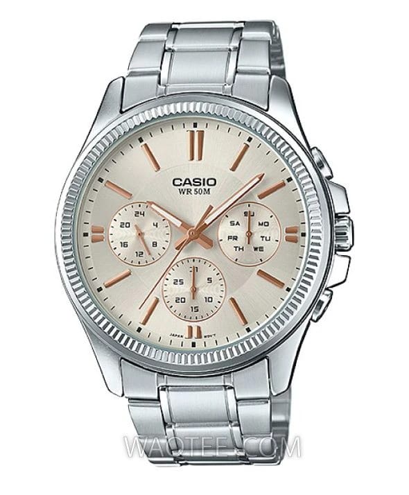 Casio كلاسيك متعدد الوظائف فضي ستانلس ستيل بمينا بيج للرجال