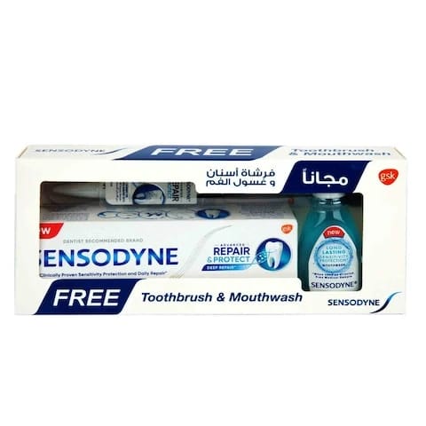 معجون الأسنان سينسوداين لإصلاح وحماية 75 مل + فرشاة أسنان + غسول فم