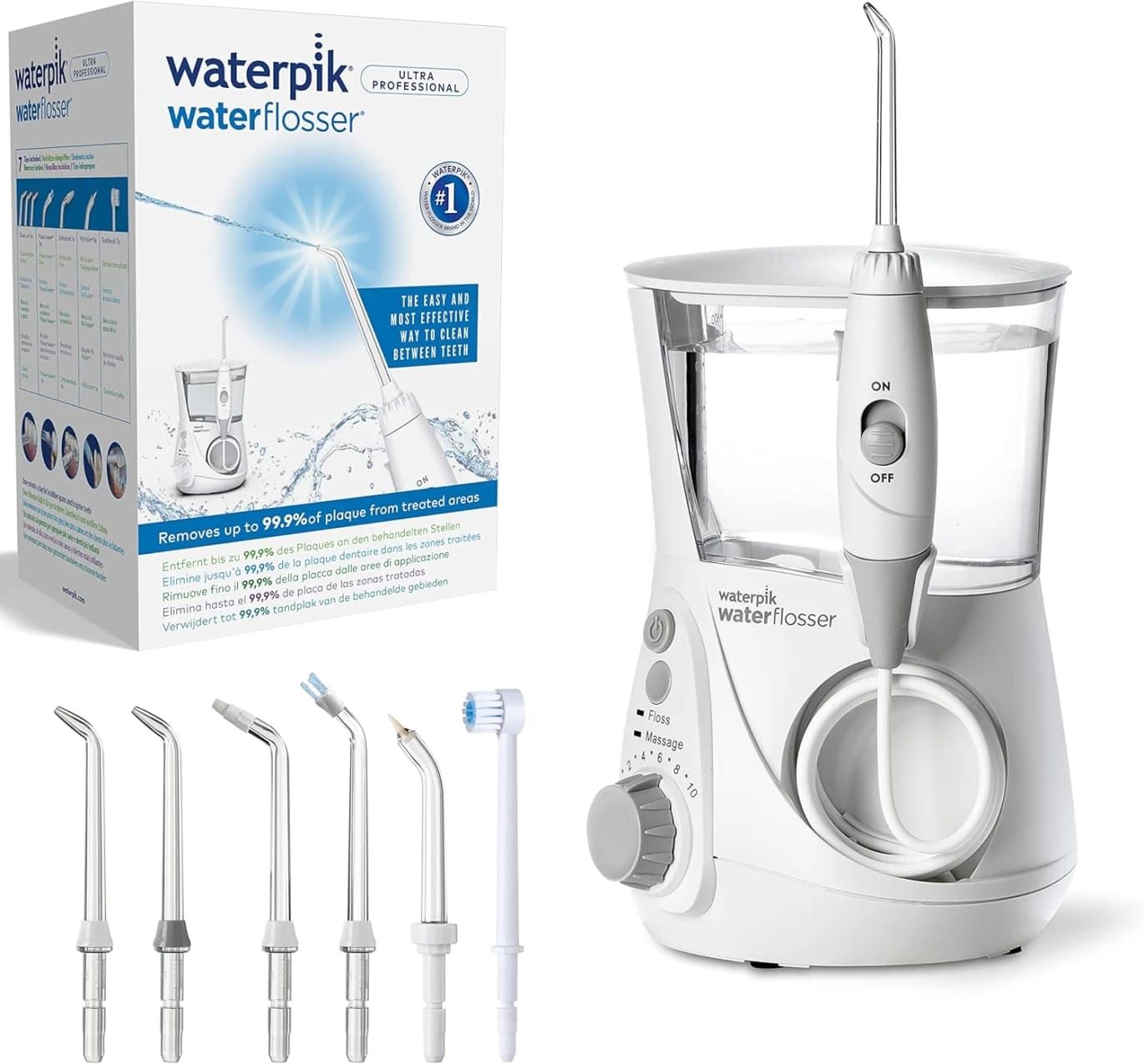 جهاز تنظيف الأسنان المائي Waterpik Ultra Professional – عناية فموية متطورة مع 7 رؤوس وتحكم بالضغط – أبيض
