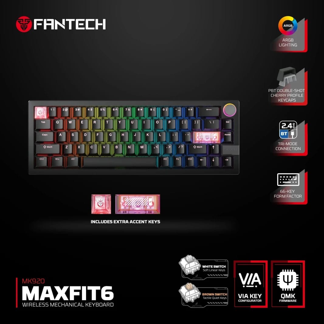 كيبورد الألعاب الميكانيكي اللاسلكي فانتك Mk920 Maxfit6 باللون الأسود