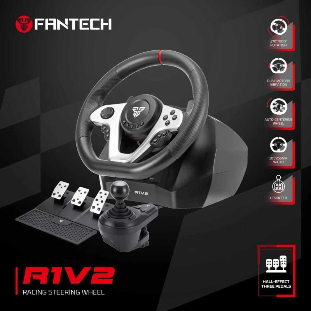 عجلة القيادة Fantech R1V2 للسباقات | اهتزاز مزدوج | دوران 270°/900° | 15 زرًا + D-Pad | 6 سرعات + رجوع | 3 دواسات | مجموعة قيادة للكمبيوتر مع القابض والشيفتر
