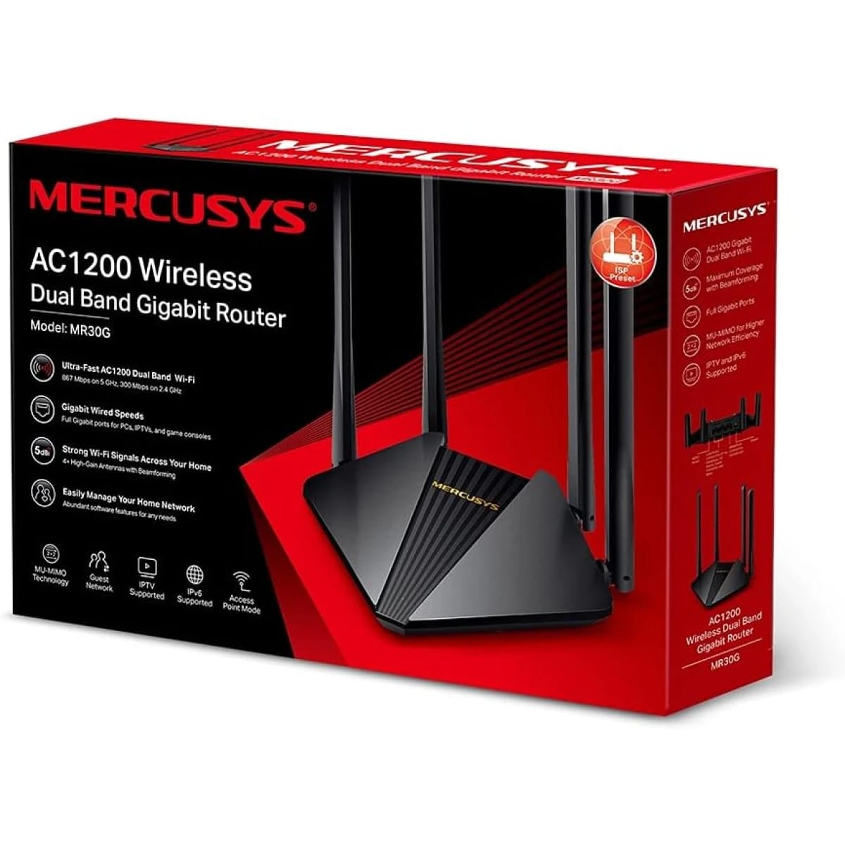 راوتر ميركوسيس MR30G AC1200Mbps مزدوج النطاق مع منافذ جيجابت، يدعم IPv6 و IPTV