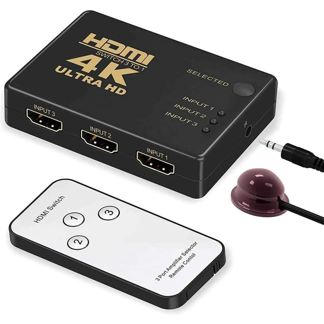 مفتاح HDMI 4K مع جهاز تحكم عن بعد بالأشعة تحت الحمراء - 3 منافذ