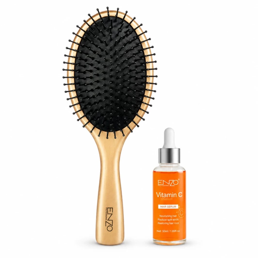 فرشاة شعر ENZO Wooden Paddle Brush الاحترافية مع سيروم فيتامين C هدية للشعر الطويل والكثيف