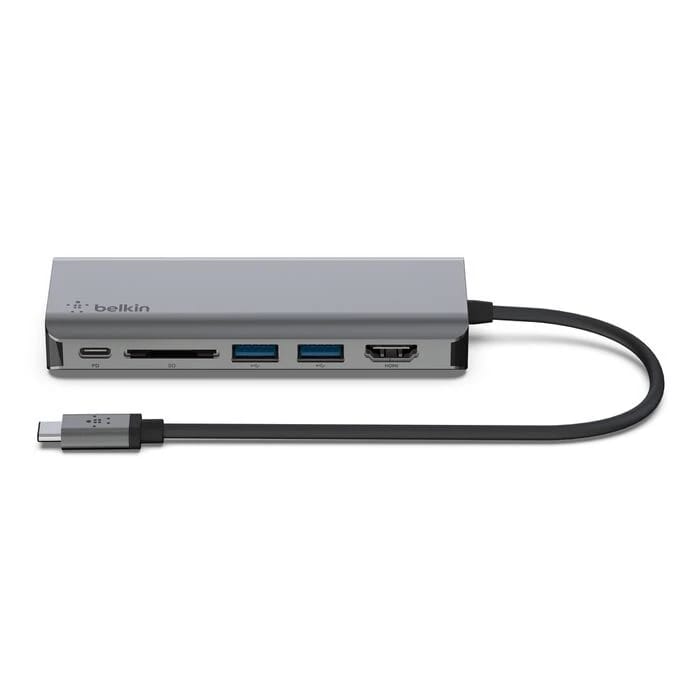 محول بيلكن USB-C متعدد المنافذ 6 في 1، 4K HDMI، USB A 3.0، رمادي