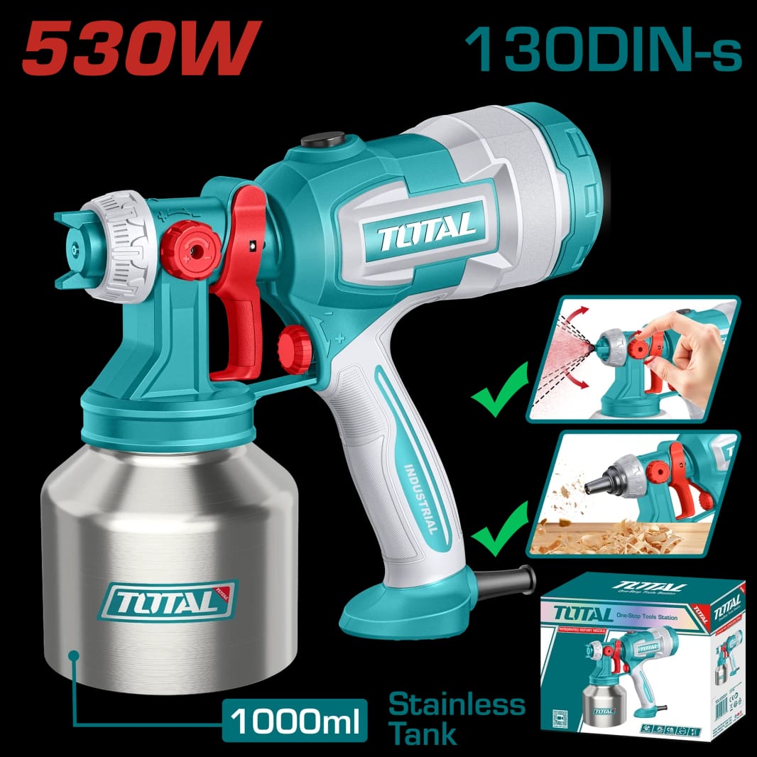 مسدس رش الدهان الكهربائي توتال 530 واط - بخاخ الدهان القابل للتعديل 1000 مل مع منفاخ غبار (TT45061)