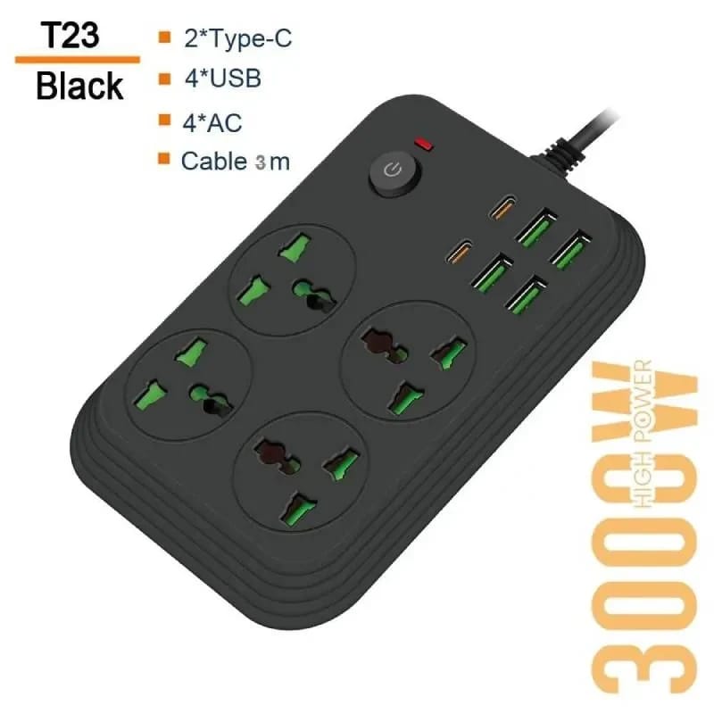 مقبس طاقة T23 بقدرة 3000 واط مع 4 مآخذ AC، و4 منافذ USB-A، و2 USB-C