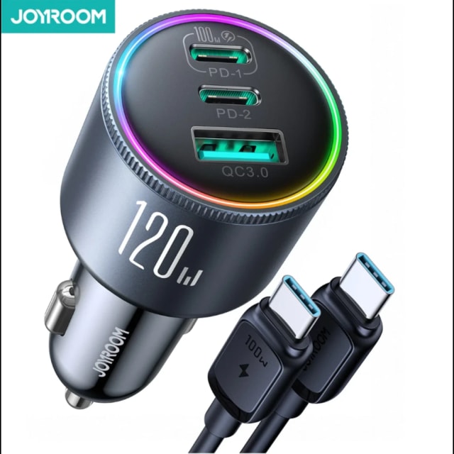 شاحن سيارة JOYROOM JR-CCN07 بقوة 120 وات و3 منافذ (2PD+1QC3.0) - رمادي غامق (مع كابل C TO C بقوة 100 وات) / ضمان لمدة 18 شهرًا